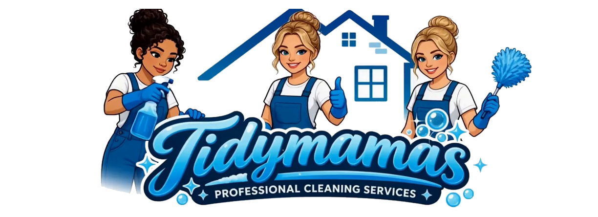 TidyMamas illustrated cleaning crew and logo